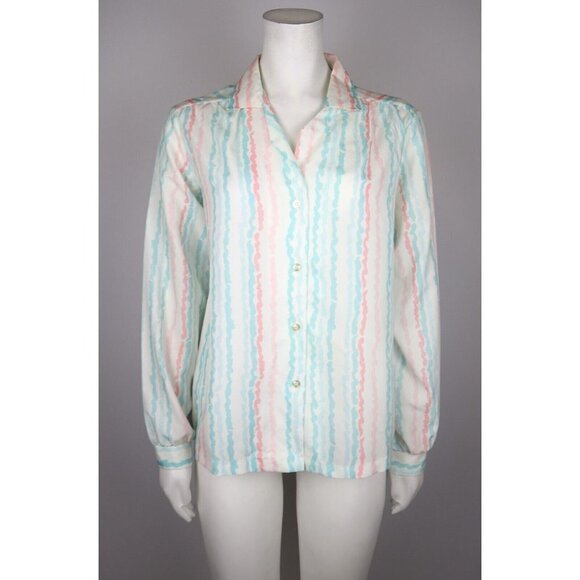 VINTAGE WOMEN'S WHITE BLUE PINK PRINT LONG SLEEVE BLOUSE - ALICIA - SIZE 10 - Picture 1 of 9